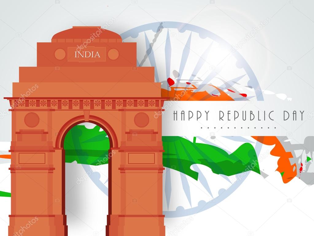 India gate with Ashoka Wheel national flag color for Indian Republic Day.