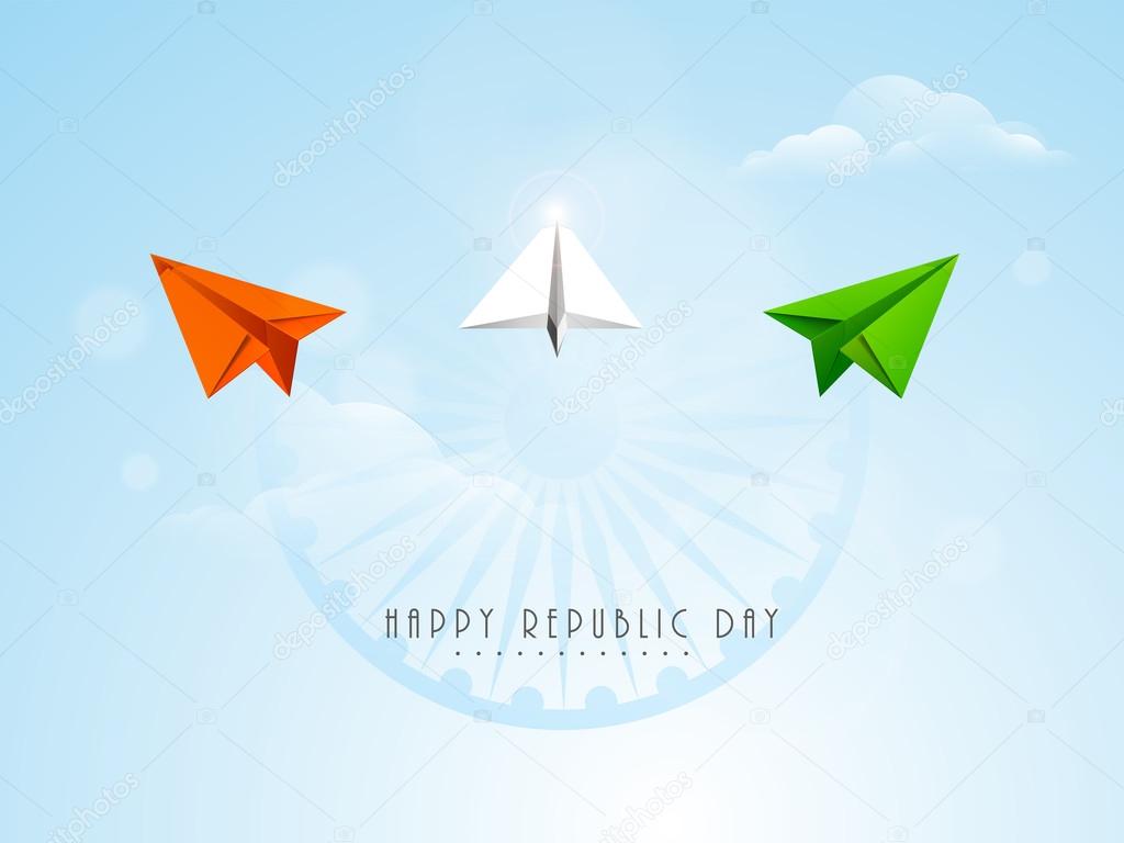 Indian Republic Day celebration with paper plane and ashoka wheel.
