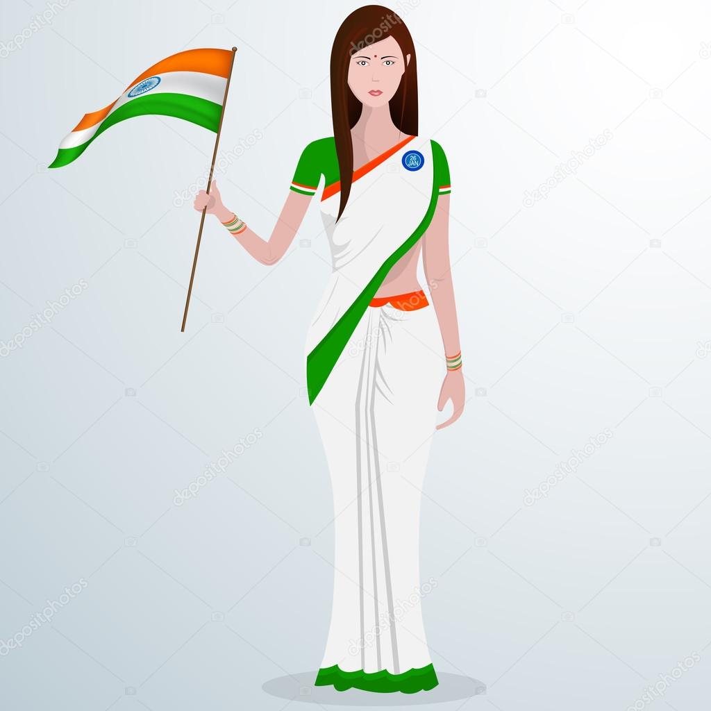 Indian lady with flag for Republic Day celebration.