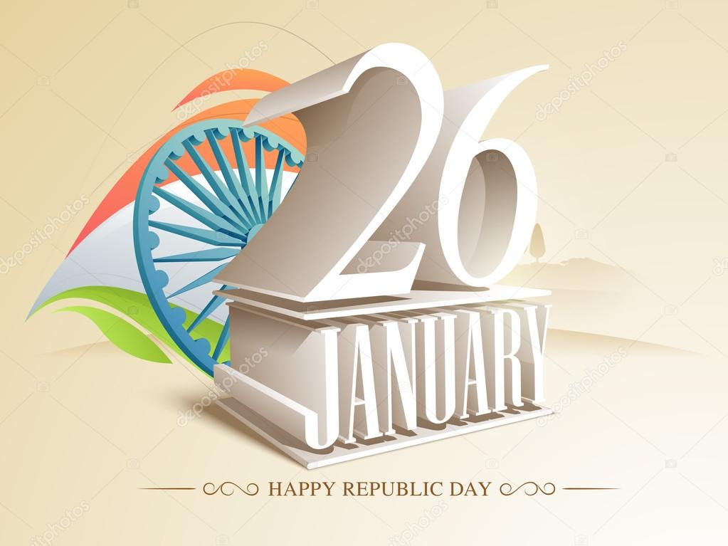 3D text 26 January with Ashoka Wheel  for Happy Indian Republic Day celebrations.