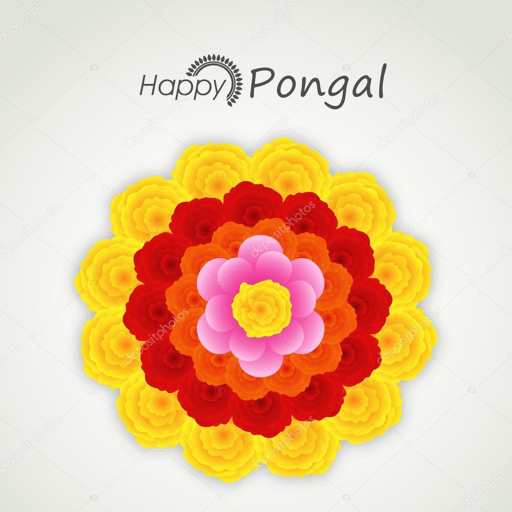 Happy Pongal, harvest festival celebrations with colorful flowers.