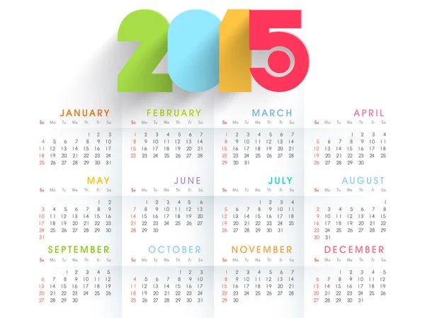 Yearly 2015 calendar with colorful text. — Stock Vector