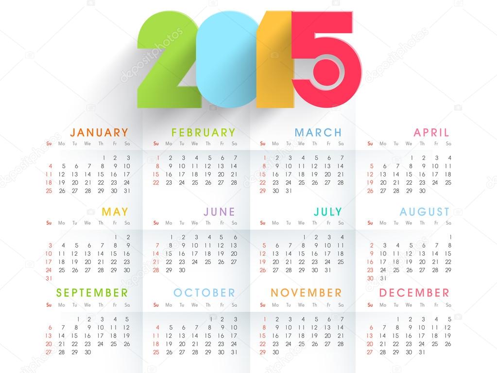 Yearly 2015 calendar with colorful text.