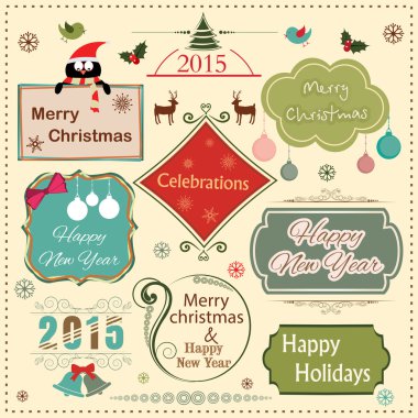 Mutlu yeni yıl 2015 ve Merry Christmas kutlama vintage labe