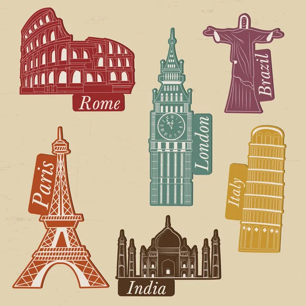 World famous monuments for tour and travel. — Stock Vector