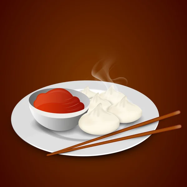 Momos met chopstick en saus. — Stockvector