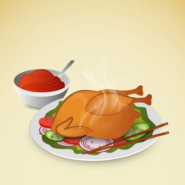 Heiß gebratenes Hühnchen mit Salat und Tomatensauce. — Stockvektor