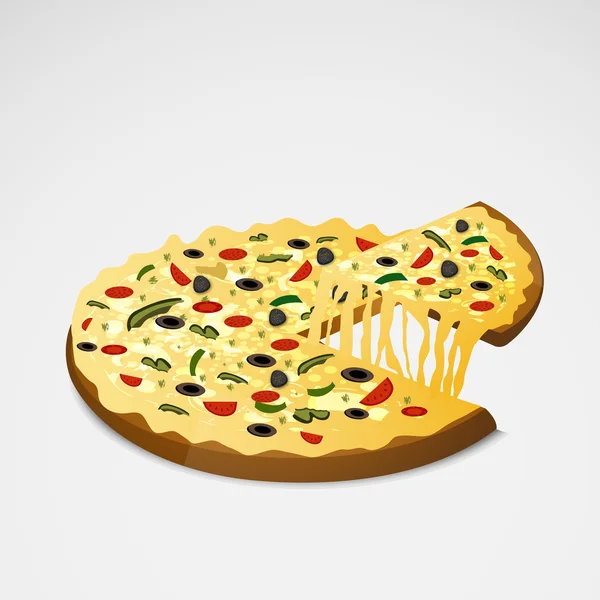 Deliciosa pizza con rebanada levantada . — Vector de stock