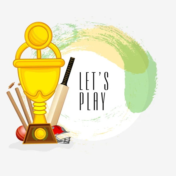 Cricket sports concept with winning trophy and match kit. — Stock Vector