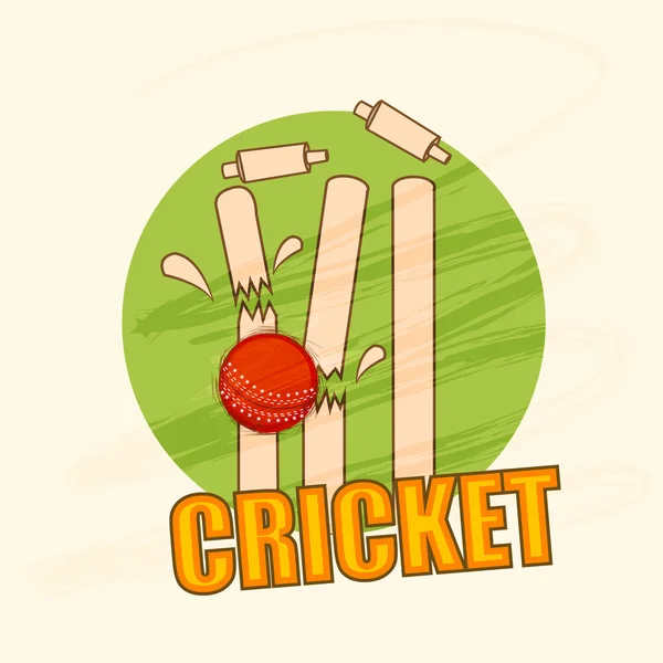 Rode bal met gebarsten wicket stronken voor Cricket. — Stockvector