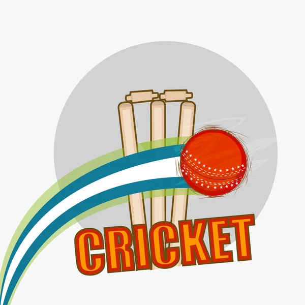 Red ball with wicket stumps for Cricket. — Stock Vector