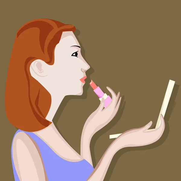 Concept van een vrouw met lippenstift en spiegel. — Stockvector