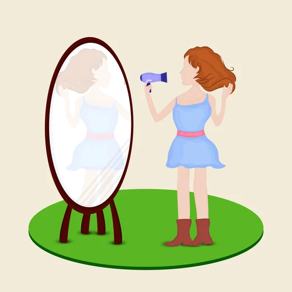 Κορίτσι με στεγνωτήρα πλήγμα και καθρέφτη. — Διανυσματικό Αρχείο