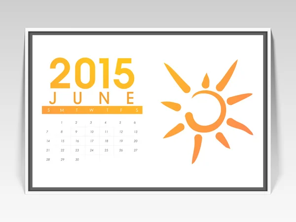 Calendrier mensuel de juin 2015 avec soleil . — Image vectorielle