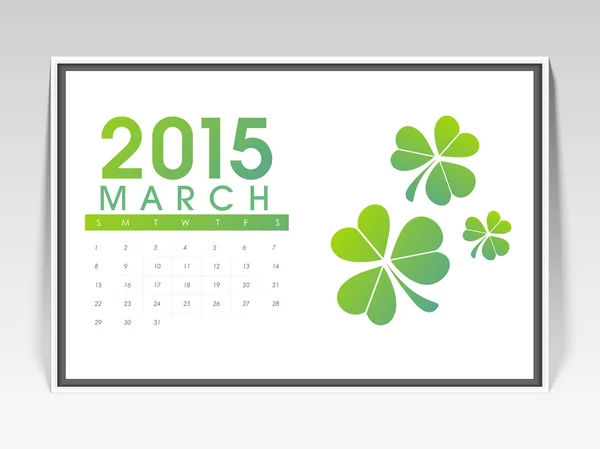 Monthly calendar of March 2015 with clover leaves. — Stock Vector