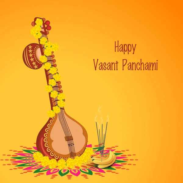 Festival de religión hindú, celebración de Vasant Panchami con Veena . — Vector de stock