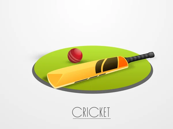 Cricket ball with bat and field stage. — Stock Vector