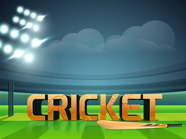 3D-tekst met bal en wicket stronken voor Cricket. — Stockvector