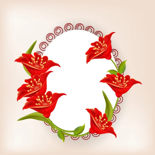 Oval formade ram eller klistermärke med röda blommor. — Stock vektor