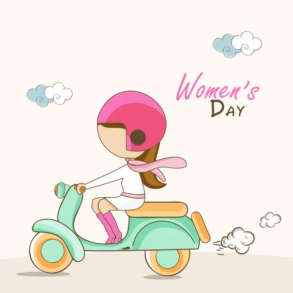 Cute girl on scooty for Women's Day celebration. — Stock Vector