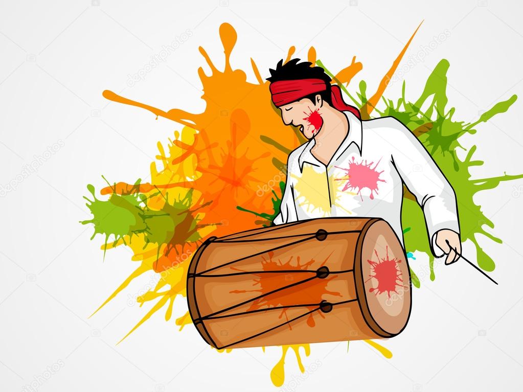 Young man with drum for Happy Holi festival celebration.