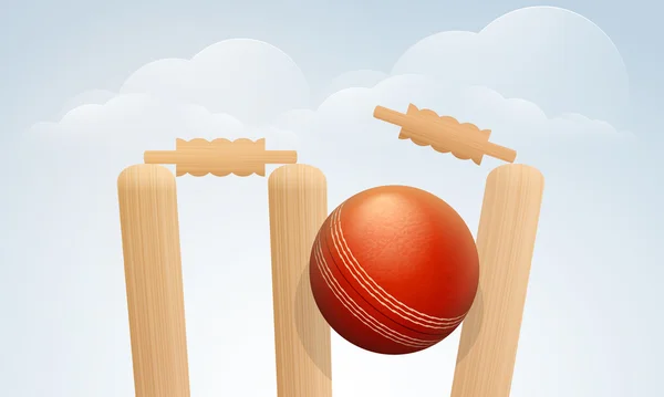 Red ball with wicket stumps for Cricket. — Stock Vector