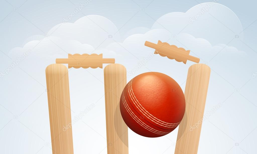 Red ball with wicket stumps for Cricket.
