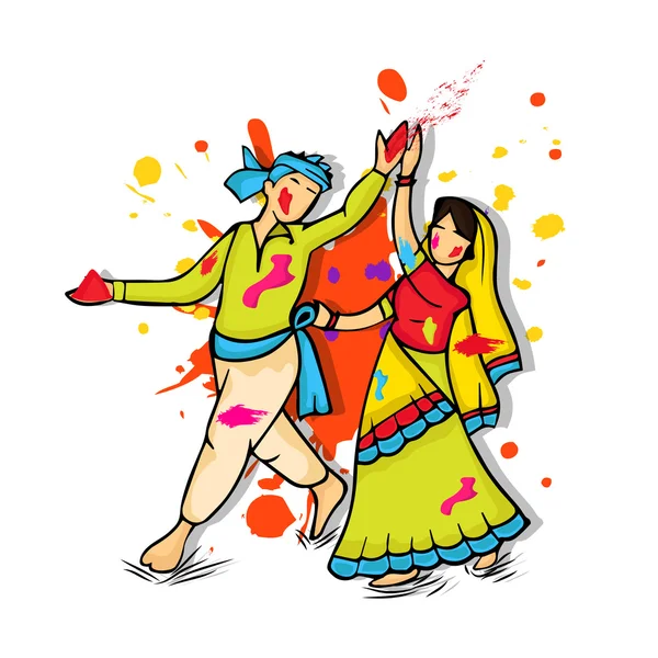 Pareja joven para la celebración del festival Happy Holi . — Vector de stock