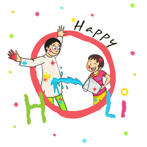 Roztomilý chlapec se svým otcem Happy Holi oslavu. — Stockový vektor
