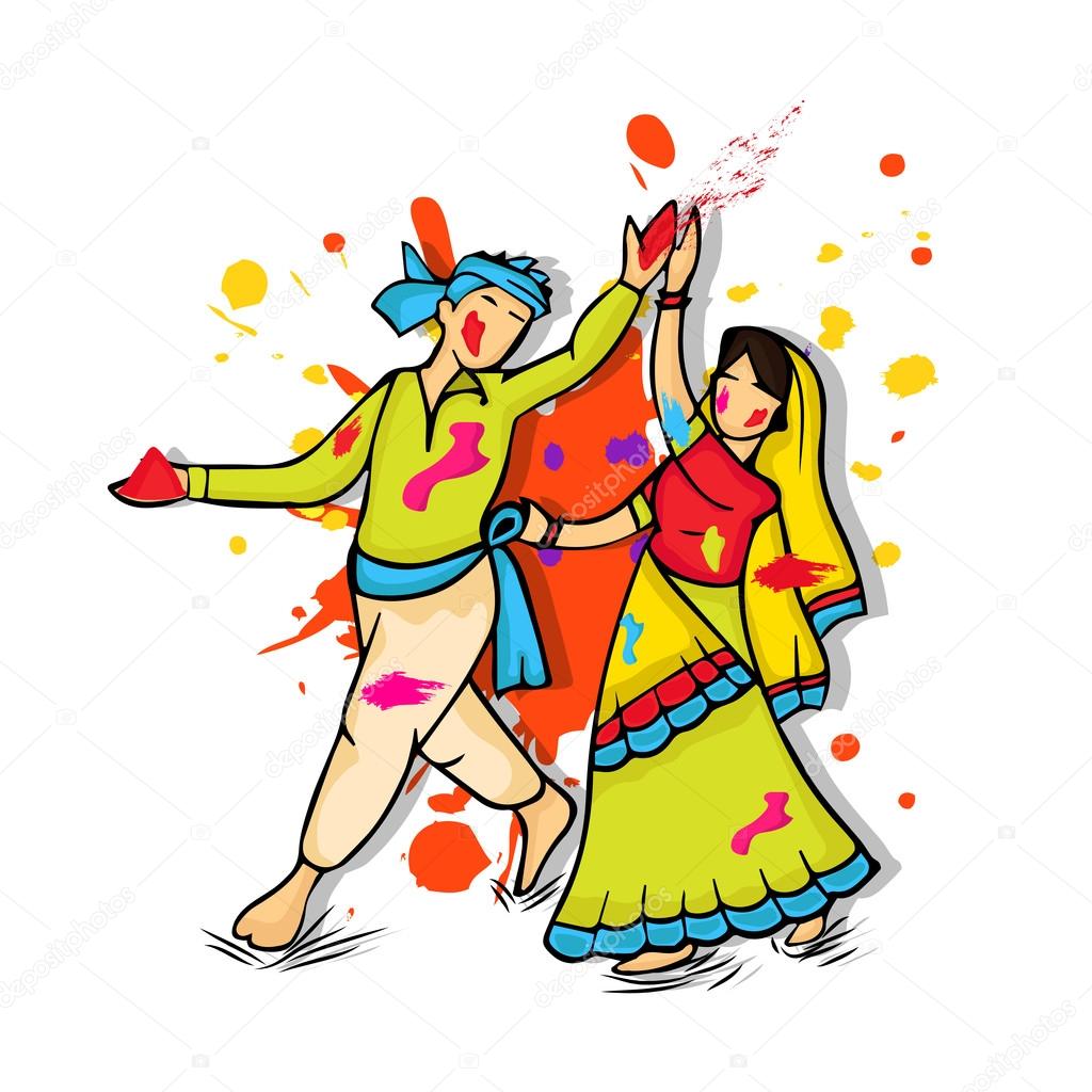 Young couple for Happy Holi festival celebration.
