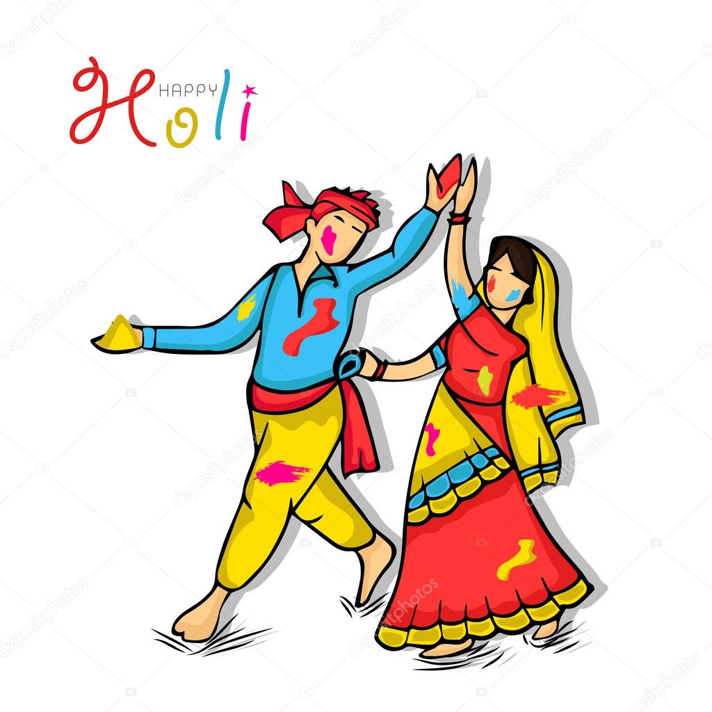 Young couple for Happy Holi festival celebration.