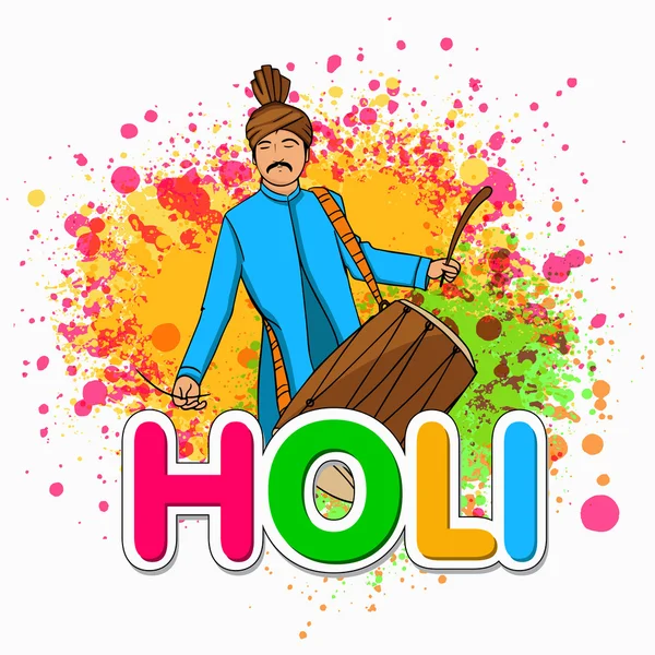 Young man with drum for Happy Holi festival celebration. — Stock Vector