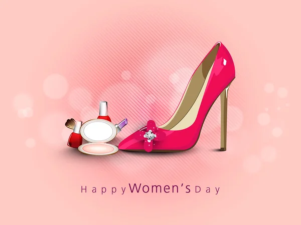 Celebración del Día Internacional de la Mujer con zapatos y cosméticos . — Vector de stock