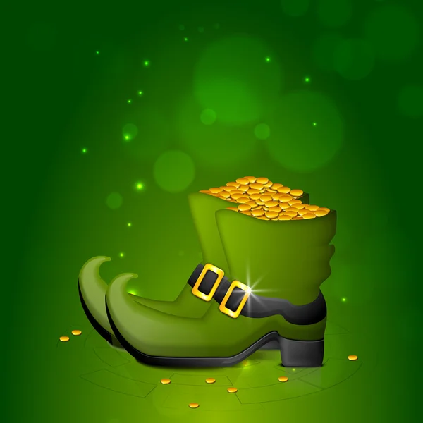 Glansigt leprechaun skor med mynt för St. Patrick's Day. — Stock vektor