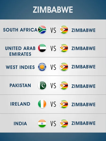 Elenco delle partite di Zimbabwe per Cricket . — Vettoriale Stock