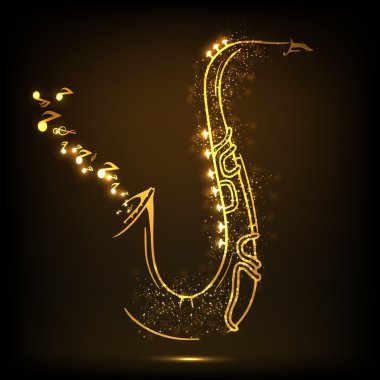 Müzik notaları ile parlak altın saksafon.
