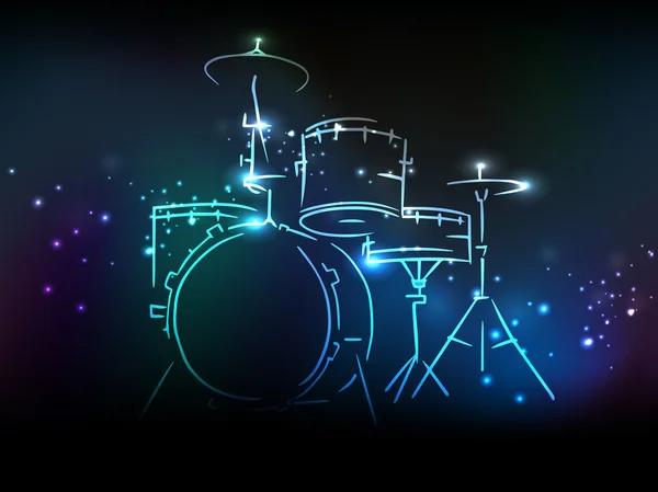 Drumstel met neon ingang voor muziek concept. — Stockvector