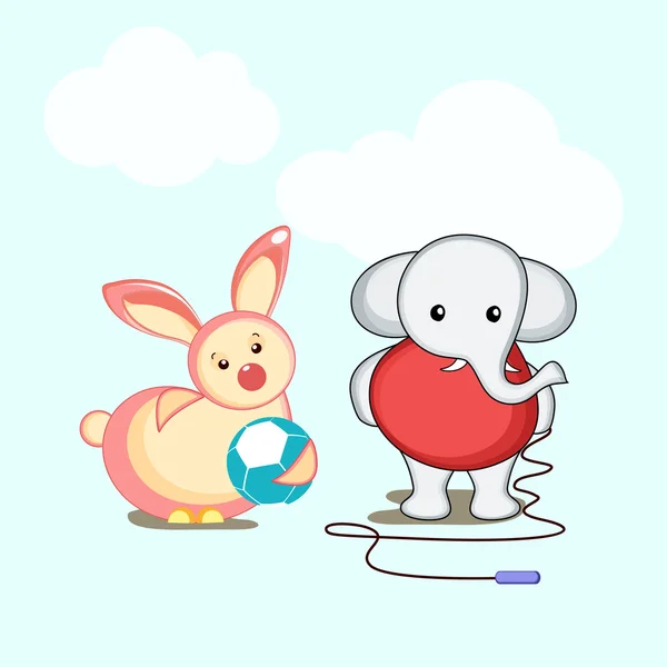 Caractère de l'éléphant et du lapin dans l'humeur de jeu . — Image vectorielle