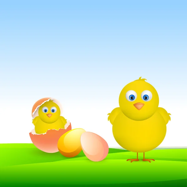 Schattig kuikens met ei voor Happy Easter viering. — Stockvector