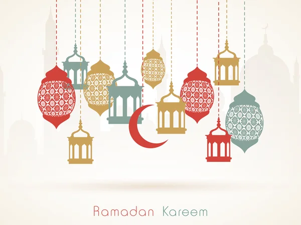 Ramadan Kareem celebrazione con lampade arabe appese colorate o lanterne . — Vettoriale Stock