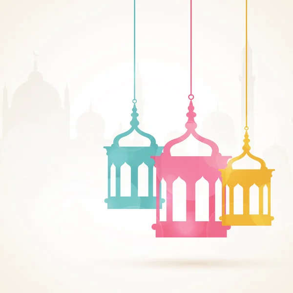 Ramadan Kareem celebration with colorful hanging arabic lamps. — Stock Vector