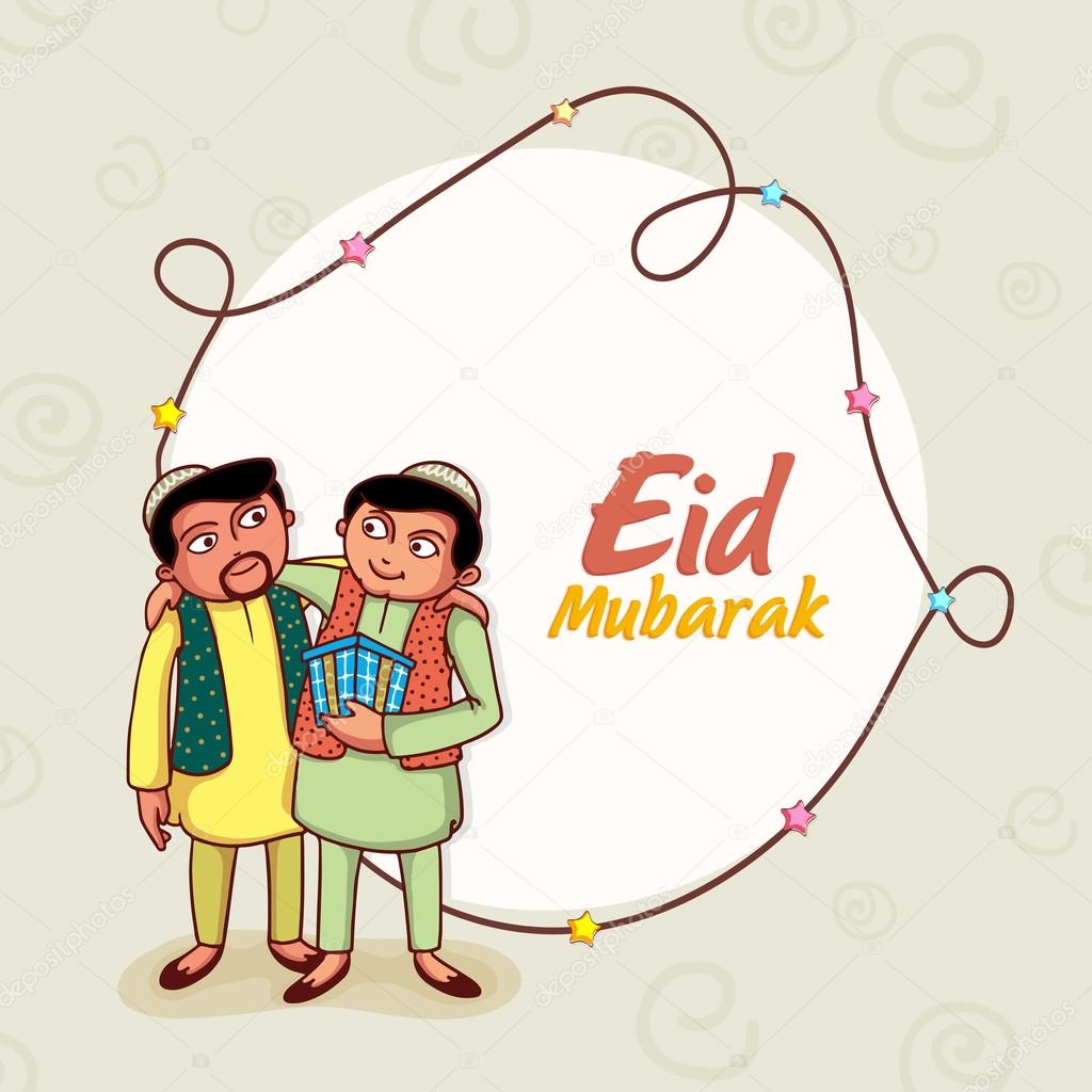 Happy islamic people celebrating Eid Mubarak festival.