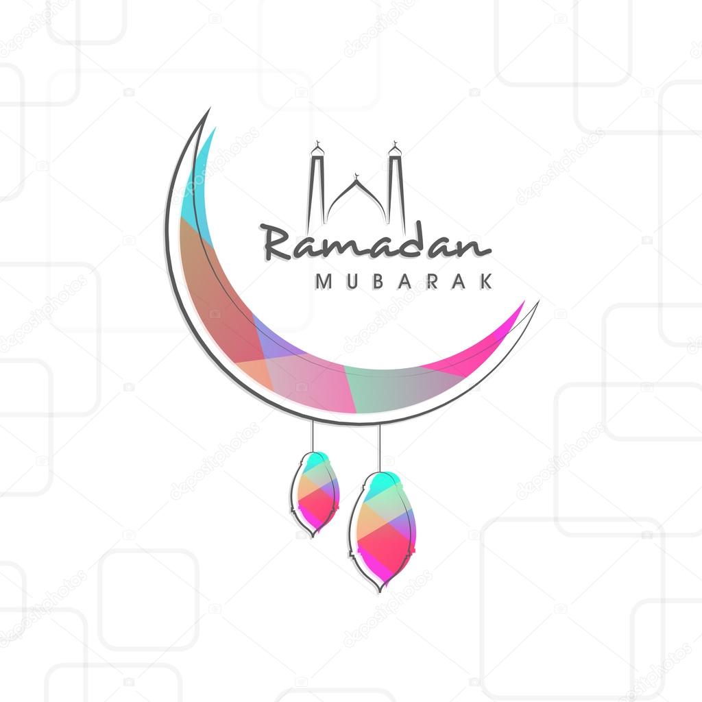 Ramadan Kareem celebration with arabic lamps and moon.