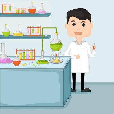 Cartoon of a scientist in laboratory.