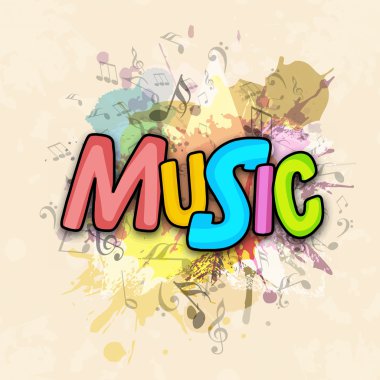 Müzik notaları ile renkli metin.