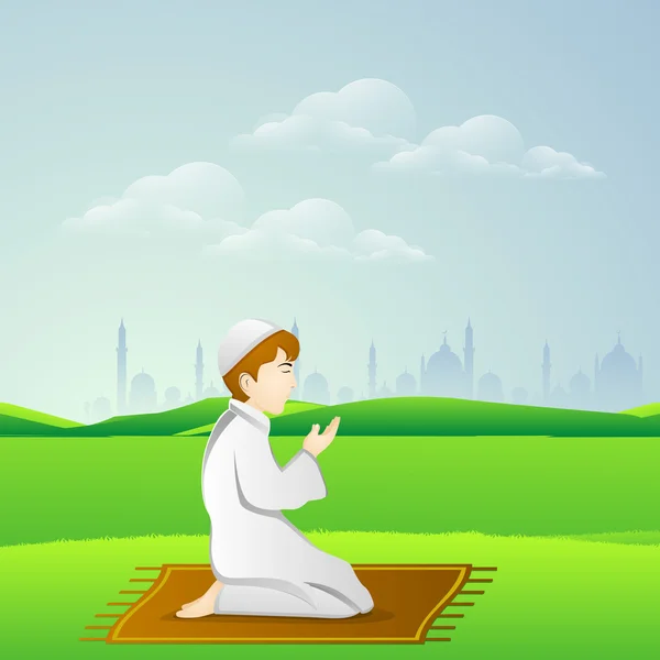 Ramadan Kareem celebration with islamic boy reading Namaaz. — Stock Vector