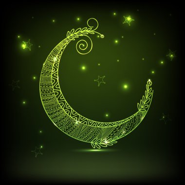 Eid Mubarak kutlama ile yeşil parlak Hilal ay.