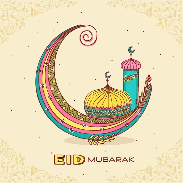 Eid Mubarak celebration with colorful moon and mosque. — Stock Vector