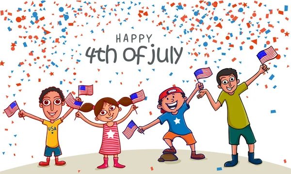 Lindos niños con banderas para la celebración del Día de la Independencia Americana . — Vector de stock