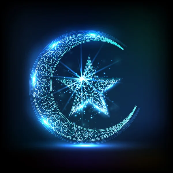 Luna creciente brillante con estrella para la celebración del Eid . — Vector de stock